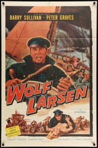 9f980 WOLF LARSEN 1sh '58 Barry Sullivan stars as the sadistic captain created by Jack London!