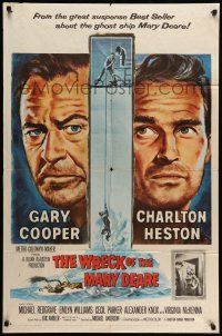 9f983 WRECK OF THE MARY DEARE 1sh '59 portrait artwork of Gary Cooper & Charlton Heston!