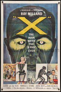 9f985 X: THE MAN WITH THE X-RAY EYES 1sh '63 Ray Milland strips souls & bodies, cool sci-fi art!