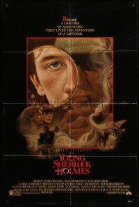 9f993 YOUNG SHERLOCK HOLMES 1sh '85 Steven Spielberg, Nicholas Rowe, really cool detective art!