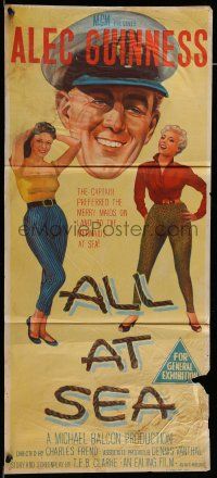 9g128 ALL AT SEA Aust daybill '57 stone litho art of captain Alec Guinness & sexy English babes!