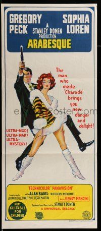 9g135 ARABESQUE Aust daybill '66 Gregory Peck, sexy Sophia Loren, ultra mod, ultra mystery!