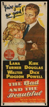 9g138 BAD & THE BEAUTIFUL Aust daybill '53 great art of Kirk Douglas roughing up sexy Lana Turner!