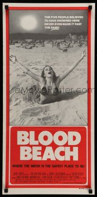 9g155 BLOOD BEACH Aust daybill '81 artwork of sexy girl sinking in quicksand!