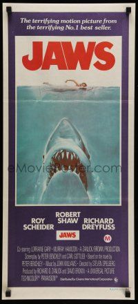 9g231 JAWS Aust daybill '75 art of Spielberg's classic man-eating shark attacking sexy swimmer!