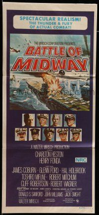 9g245 MIDWAY Aust daybill '76 Charlton Heston, Henry Fonda, dramatic naval battle art!