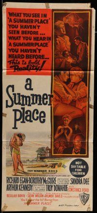9g307 SUMMER PLACE Aust daybill '59 Sandra Dee & Donahue in young lovers classic, cool montage!