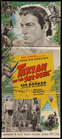 9g310 TARZAN & THE SHE-DEVIL Aust daybill '53 Joyce MacKenzie swings whip at barechested Lex Barker!