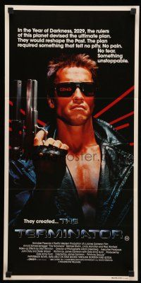9g314 TERMINATOR Aust daybill '84 super close up of classic cyborg Arnold Schwarzenegger with gun!