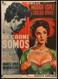 9g013 DE CARNE SOMOS Mexican poster '55 artwork of sexy Marga Lopez pulling her shirt open!