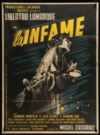 9g026 LA INFAME Mexican poster '54 cool artwork of mother running & holding child by Josep Renau!
