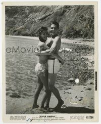 9h163 BLUE HAWAII 8x10.25 still '61 Elvis Presley & sexy Joan Blackman in bikini hugging on beach!