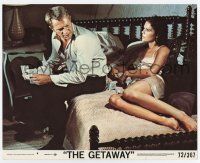 9h018 GETAWAY 8x10 mini LC #4 '72 Steve McQueen & sexy Ali McGraw in negligee on bed with cash!