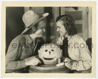 9h778 ROUND-UP TIME IN TEXAS candid 8x10.25 still '37 Gene Autry & Maxine Doyle carving a pumpkin!