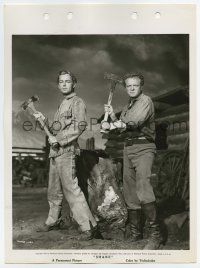9h805 SHANE 8x11 key book still '51 great posed portrait of Alan Ladd & Van Heflin with axes!