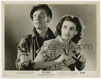 9h910 THING 8x10.25 still '51 great c/u of Kenneth Tobey with gun protecting Margaret Sheridan!