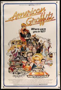 9j331 AMERICAN GRAFFITI 40x60 '73 George Lucas teen classic, wacky Mort Drucker artwork of cast!