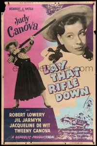 9j387 LAY THAT RIFLE DOWN 40x60 '55 great wacky artwork of Judy Canova firing big gun!