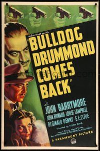 9j042 BULLDOG DRUMMOND COMES BACK style A 1sh '37 Louis King, John Barrymore, Howard as Drummond!