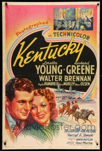 9j058 KENTUCKY style A 1sh '38 pretty Loretta Young, Richard Greene, cool horse racing art!