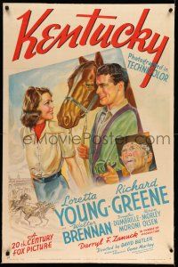 9j059 KENTUCKY style B 1sh '38 pretty Loretta Young, Richard Greene, cool horse racing art!