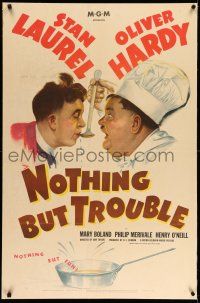 9j062 NOTHING BUT TROUBLE 1sh '45 great art of Stan Laurel & chef Oliver Hardy!