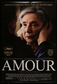 9k043 AMOUR DS 1sh '12 Jean-Louis Trintignant, Emmanuelle Riva, image of old woman held by ears!