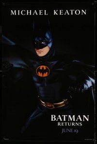 9k072 BATMAN RETURNS teaser 1sh '92 cool image of Michael Keaton as caped crusader!