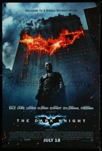 9k167 DARK KNIGHT int'l advance DS 1sh '08 Christian Bale as Batman in front of flaming building!