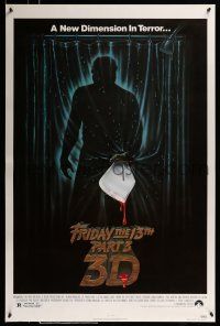 9k265 FRIDAY THE 13th PART 3 - 3D 1sh '82 slasher sequel, art of Jason stabbing through shower!