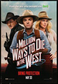 9k490 MILLION WAYS TO DIE IN THE WEST teaser DS 1sh '14 close-up of MacFarlane, Theron, Neeson!