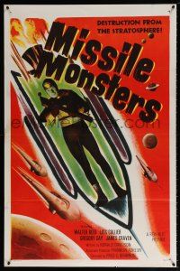 9k494 MISSILE MONSTERS 1sh '58 aliens bring destruction from the stratosphere, wacky sci-fi art!