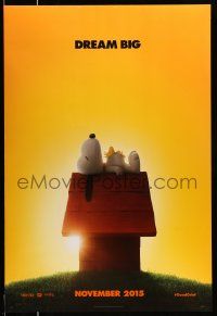 9k549 PEANUTS MOVIE style A teaser DS 1sh '15 wonderful image of Snoopy and Woodstock on doghouse!