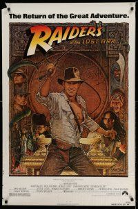 9k580 RAIDERS OF THE LOST ARK 1sh R82 great art of adventurer Harrison Ford by Richard Amsel!
