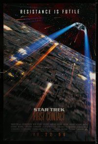 9k707 STAR TREK: FIRST CONTACT int'l advance 1sh '96 image of starship Enterprise above Borg cube!