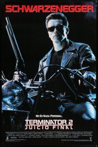 9k752 TERMINATOR 2 Spanish/U.S. export 1sh '91 Arnold Schwarzenegger on motorcycle with shotgun!
