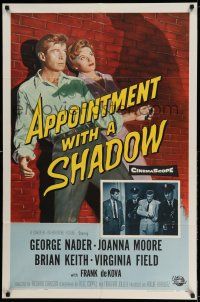 9p052 APPOINTMENT WITH A SHADOW 1sh '58 cool noir artwork of silhouette pointing gun at stars!