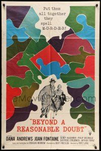 9p105 BEYOND A REASONABLE DOUBT 1sh '56 Fritz Lang noir, art of Dana Andrews & Joan Fontaine!