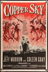9p213 COPPER SKY 1sh '57 Jeff Morrow trapped under a flaming sky of hate, Apache Indians!