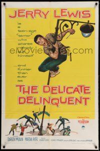 9p246 DELICATE DELINQUENT 1sh '57 wacky teen-age terror Jerry Lewis hanging from light post!