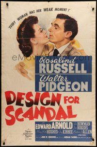 9p250 DESIGN FOR SCANDAL 1sh '41 artwork of Walter Pidgeon about to kiss Rosalind Russell!