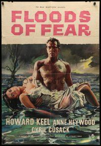 9p321 FLOODS OF FEAR English 1sh '59 art of barechested Howard Keel holding sexy Anne Heywood!