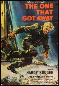 9p607 ONE THAT GOT AWAY English 1sh '58 cool artwork of Hardy Kruger jumping from a train!