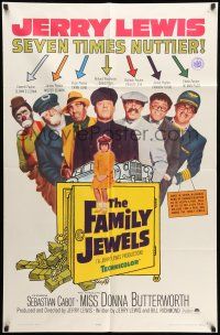 9p291 FAMILY JEWELS 1sh '65 Jerry Lewis is seven times nuttier in seven roles, wacky art!