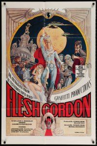 9p319 FLESH GORDON 1sh '74 sexy sci-fi spoof, wacky erotic super hero art by George Barr!