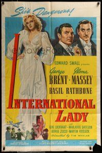 9p412 INTERNATIONAL LADY 1sh '41 George Brent, Basil Rathbone, sexy Ilona Massey is dangerous!