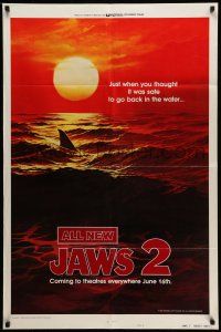 9p423 JAWS 2 style B teaser 1sh '78 classic art of man-eating shark's fin in red water at sunset!
