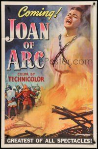 9p430 JOAN OF ARC style C teaser 1sh '48 art of Ingrid Bergman being burned at stake!
