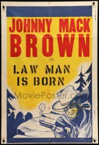 9p435 JOHNNY MACK BROWN 1sh '40s cool art portrait of the cowboy star with gun!