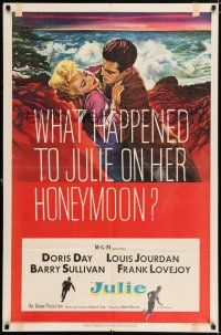 9p443 JULIE 1sh '56 what happened to Doris Day on her honeymoon with Louis Jourdan?